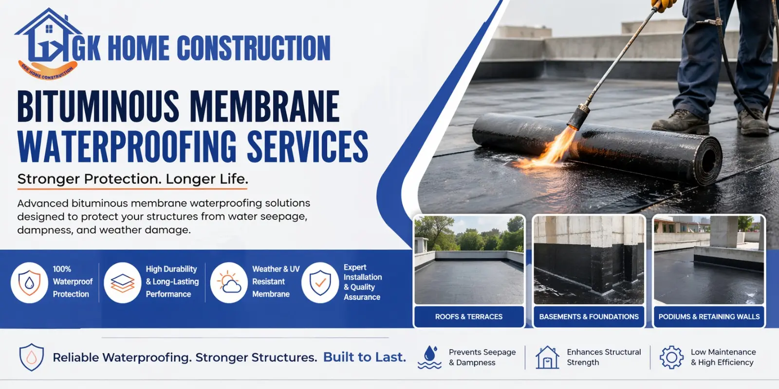 Bituminous water proofing services in GK Home Construction